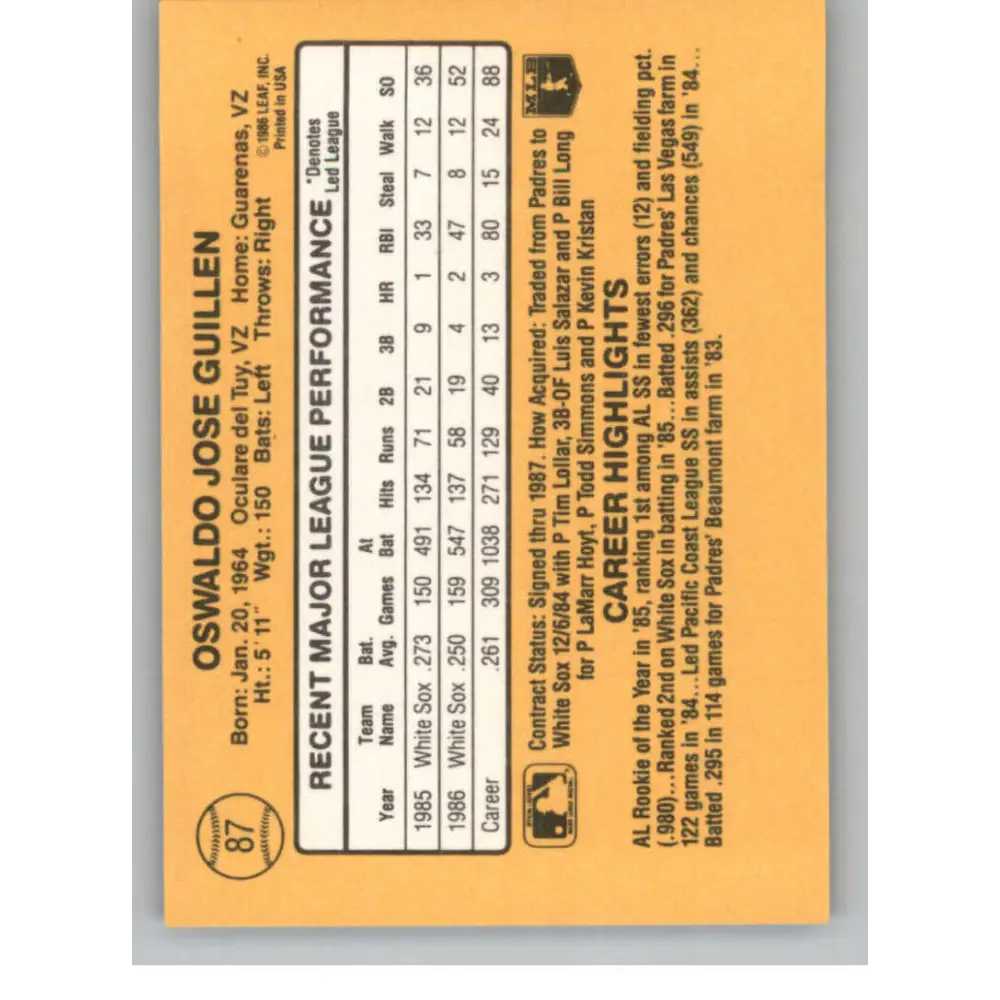 1987 Donruss #87 Ozzie Guillen EX Excellent Chicago White Sox Baseball Card  Image 2