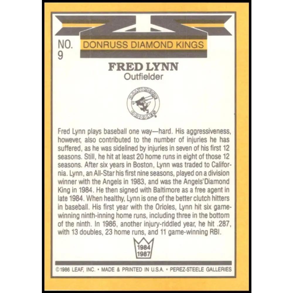 1987 Donruss #9 Fred Lynn EX Excellent Baltimore Orioles Baseball Card  Image 2