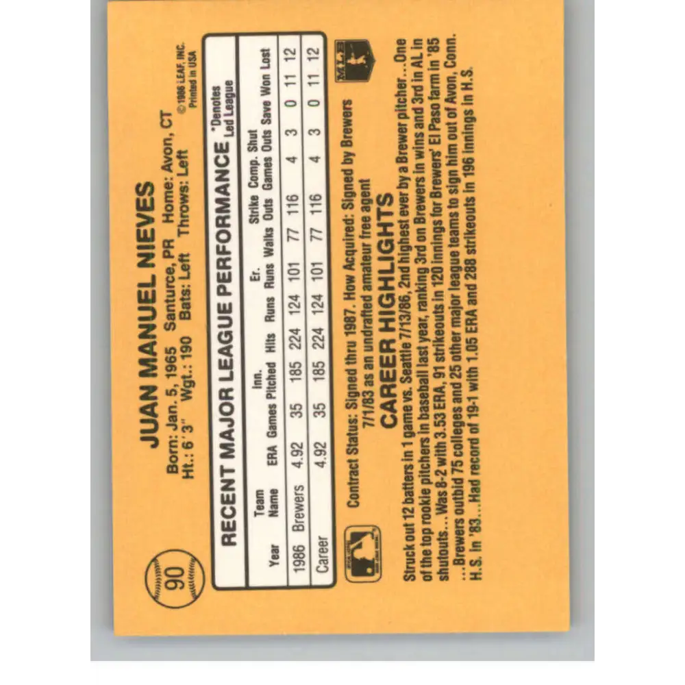 1987 Donruss #90 Juan Nieves EX Excellent Milwaukee Brewers Baseball Card  Image 2