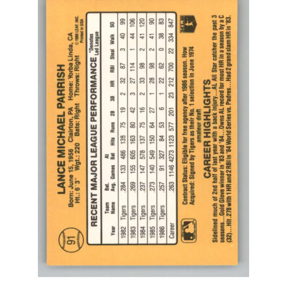 1987 Donruss #91 Lance Parrish EX Excellent Detroit Tigers Baseball Card  Image 2