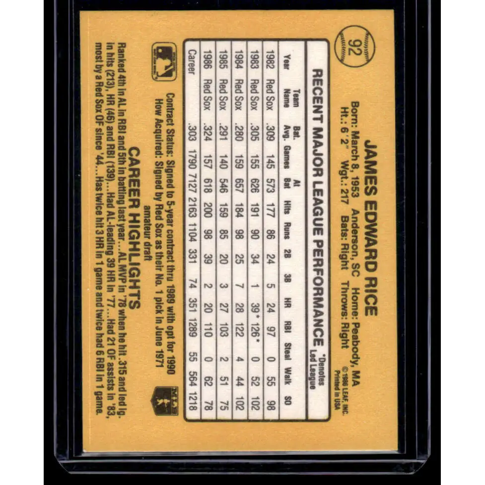 1987 Donruss #92 Jim Rice EX Boston Red Sox Baseball Card Image 2