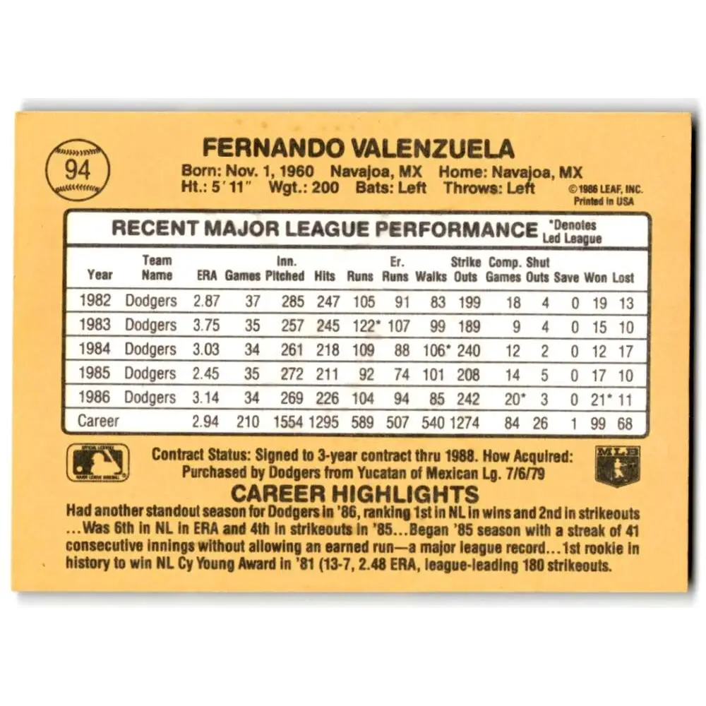1987 Donruss #94 Fernando Valenzuela EX Excellent Los Angeles Dodgers Baseball Card  Image 2