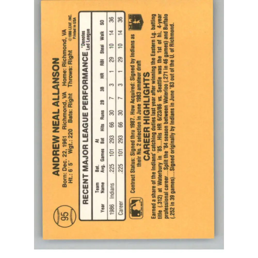 1987 Donruss #95 Andy Allanson EX Excellent RC Rookie Cleveland Indians Baseball Card  Image 2