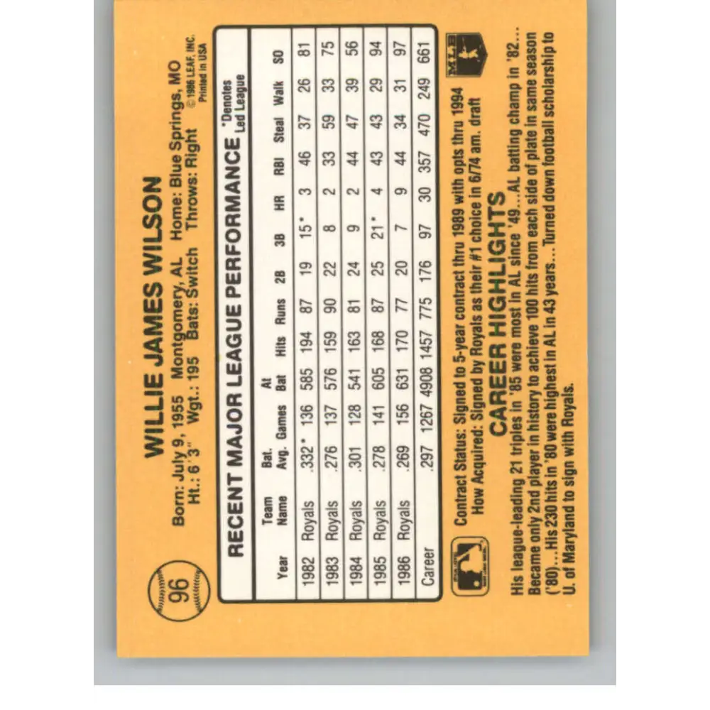 1987 Donruss #96 Willie Wilson EX Excellent Kansas City Royals Baseball Card  Image 2