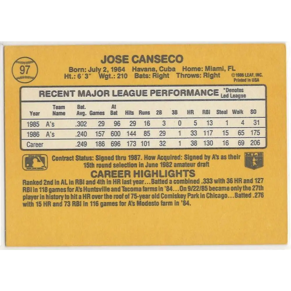 1987 Donruss #97 Jose Canseco EX Excellent Oakland Athletics Baseball Card  Image 2