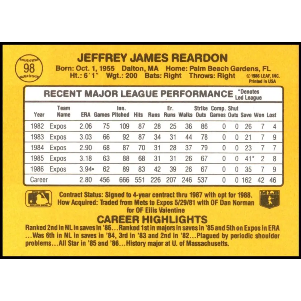 1987 Donruss #98 Jeff Reardon EX Excellent Montreal Expos Baseball Card  Image 2