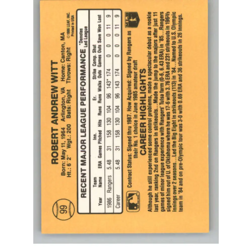 1987 Donruss #99 Bobby Witt EX Excellent RC Rookie Texas Rangers Baseball Card  Image 2