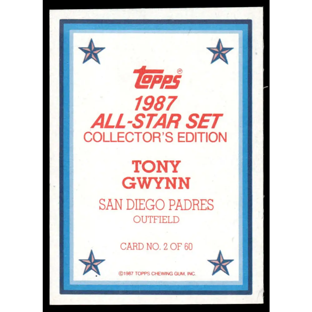 1987 Topps #2 Tony Gwynn NM/MT San Diego Padres Baseball Card Image 2