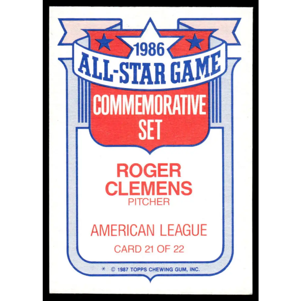 1987 Topps #21 Roger Clemens EX/NM Boston Red Sox Baseball Card Image 2