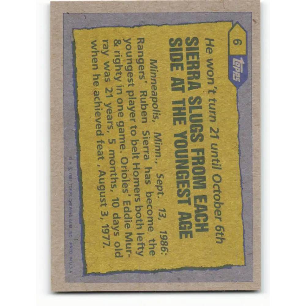 1987 Topps #6 Ruben Sierra EX Excellent Texas Rangers Baseball Card  Image 2
