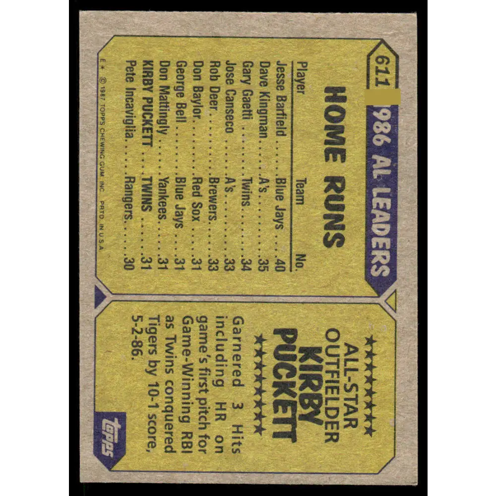 1987 Topps #611 Kirby Puckett EX/NM Minnesota Twins Baseball Card Image 2