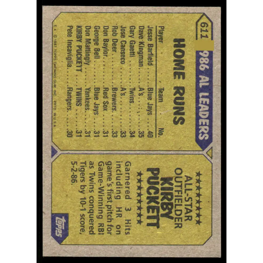 1987 Topps #611 Kirby Puckett EX/NM Minnesota Twins Baseball Card Image 2