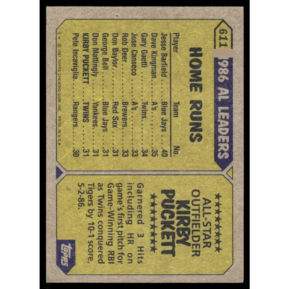 1987 Topps #611 Kirby Puckett EX/NM Minnesota Twins Baseball Card Image 2