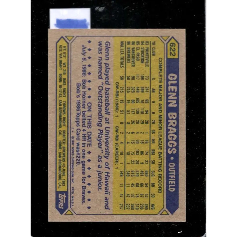 1987 Topps #622 Glenn Braggs EX Excellent RC Rookie Milwaukee Brewers Baseball Card  Image 2