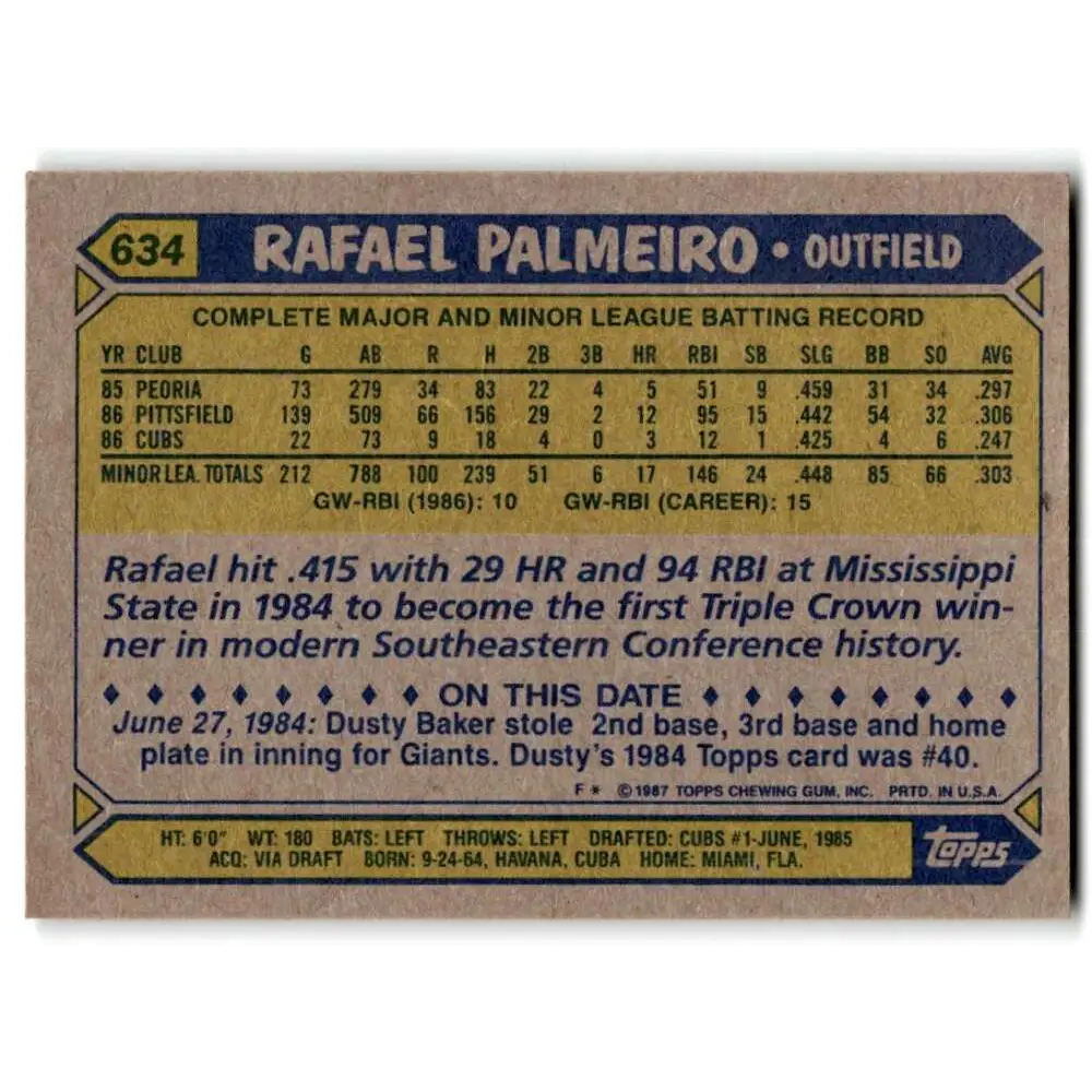 1987 Topps #634 Rafael Palmeiro EX Excellent RC Rookie Chicago Cubs Baseball Card  Image 2