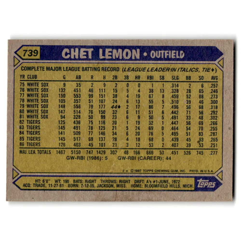 1987 Topps #739 Chet Lemon EX Excellent Detroit Tigers Baseball Card  Image 2