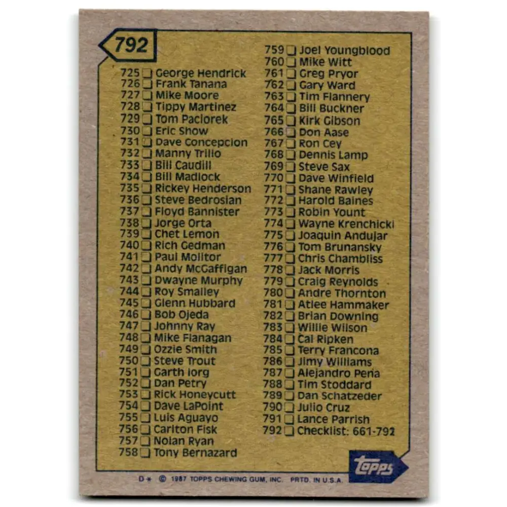 1987 Topps #792 Checklist 661-792 EX Excellent Checklist Baseball Card  Image 2