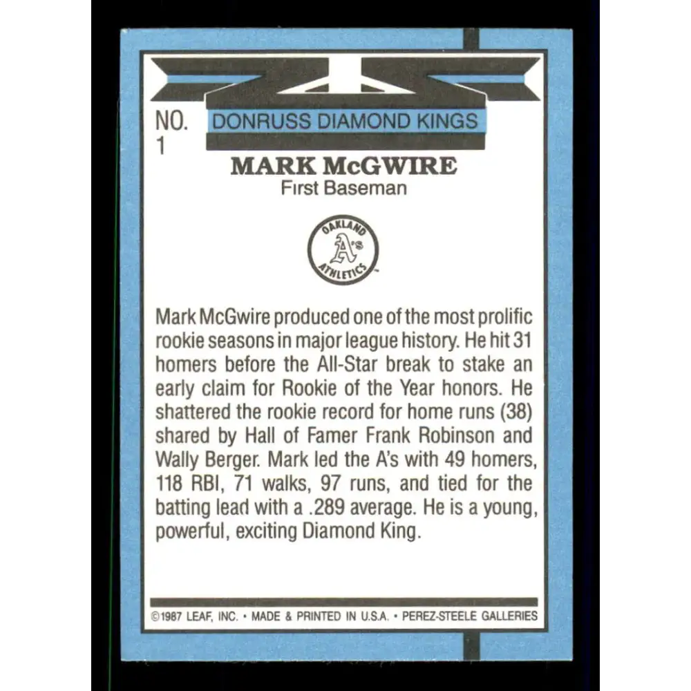 1988 Donruss #1 Mark McGwire DK EX Oakland Athletics Baseball Card Image 2