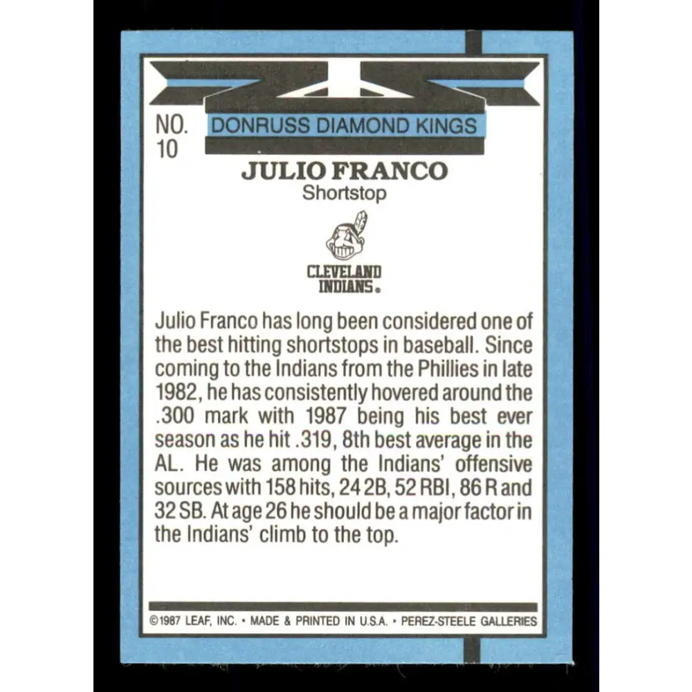 1988 Donruss #10 Julio Franco DK EX Cleveland Indians Baseball Card Image 2