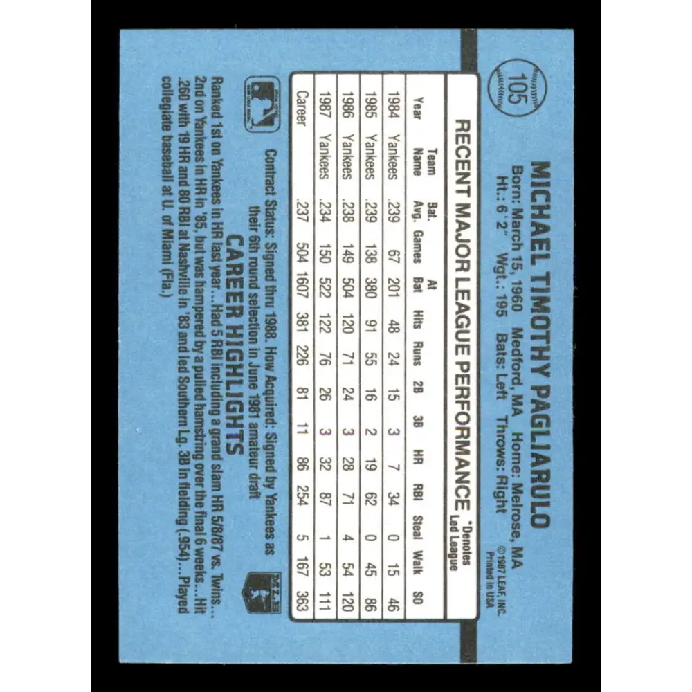 1988 Donruss #105 Mike Pagliarulo EX New York Yankees Baseball Card Image 2