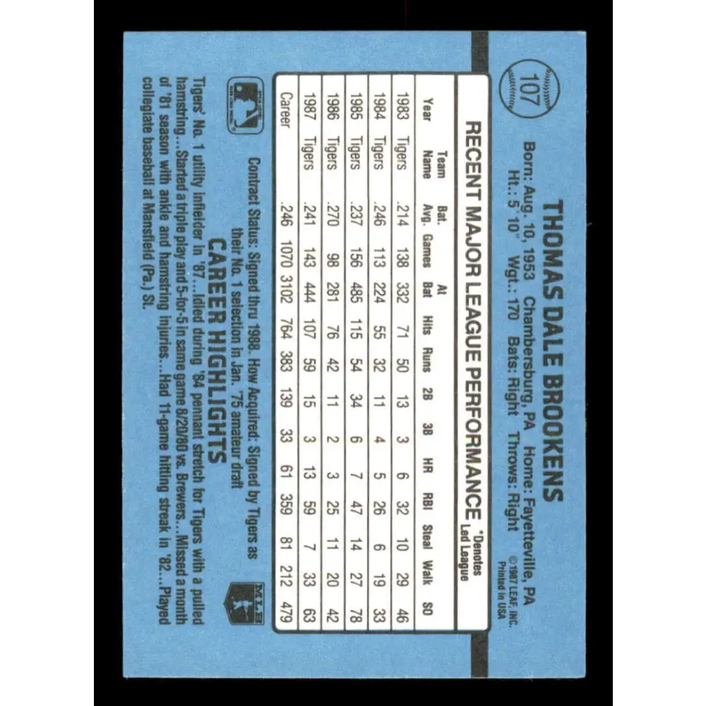1988 Donruss #107 Tom Brookens EX Detroit Tigers Baseball Card Image 2
