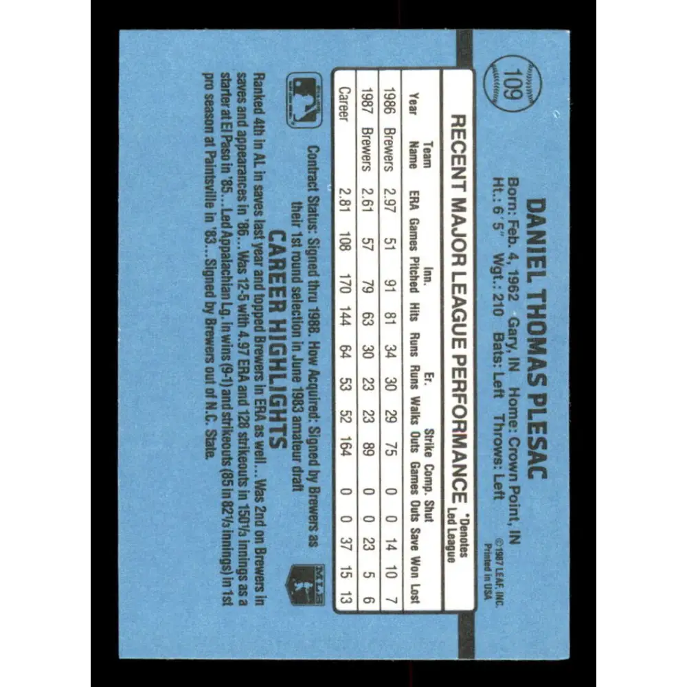 1988 Donruss #109 Dan Plesac EX Milwaukee Brewers Baseball Card Image 2