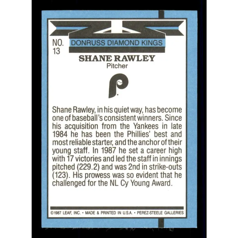 1988 Donruss #13 Shane Rawley DK EX Philadelphia Phillies Baseball Card Image 2