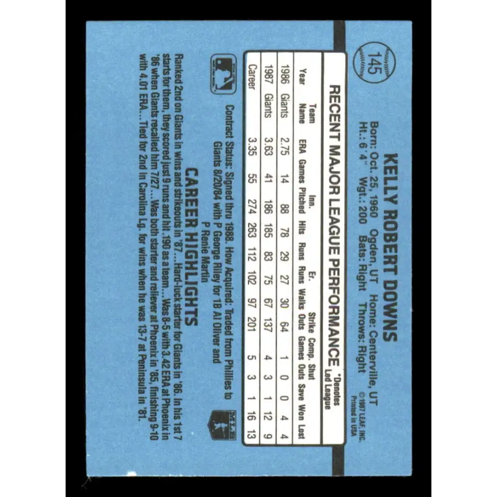 1988 Donruss #145 Kelly Downs EX San Francisco Giants Baseball Card Image 2