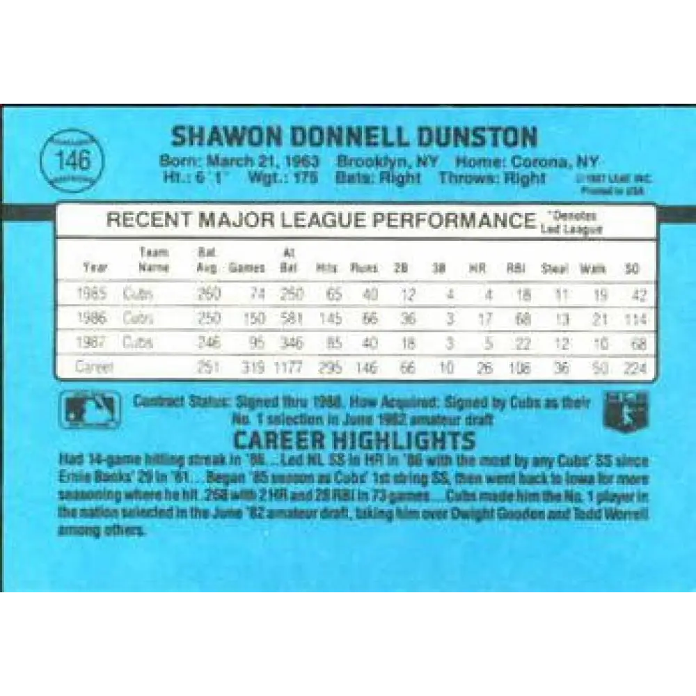 1988 Donruss #146 Shawon Dunston EX Chicago Cubs Baseball Card Image 2