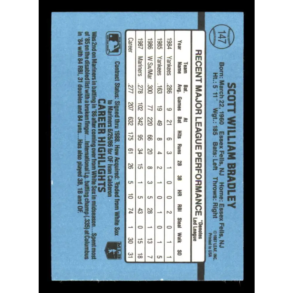 1988 Donruss #147 Scott Bradley EX Seattle Mariners Baseball Card Image 2
