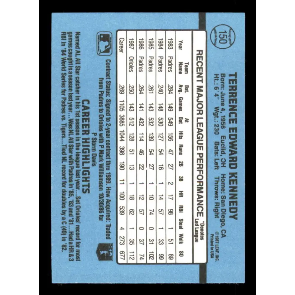 1988 Donruss #150 Terry Kennedy EX Baltimore Orioles Baseball Card Image 2