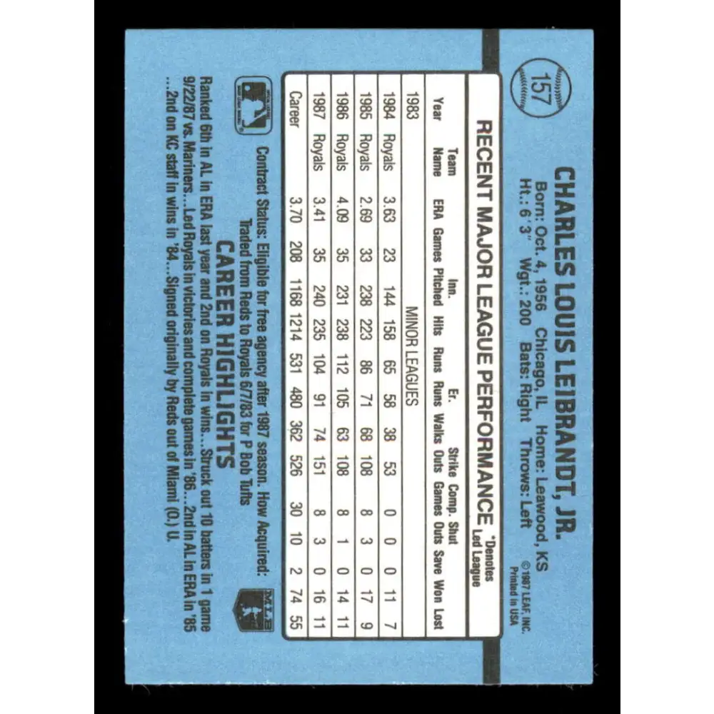 1988 Donruss #157 Charlie Leibrandt EX Kansas City Royals Baseball Card Image 2