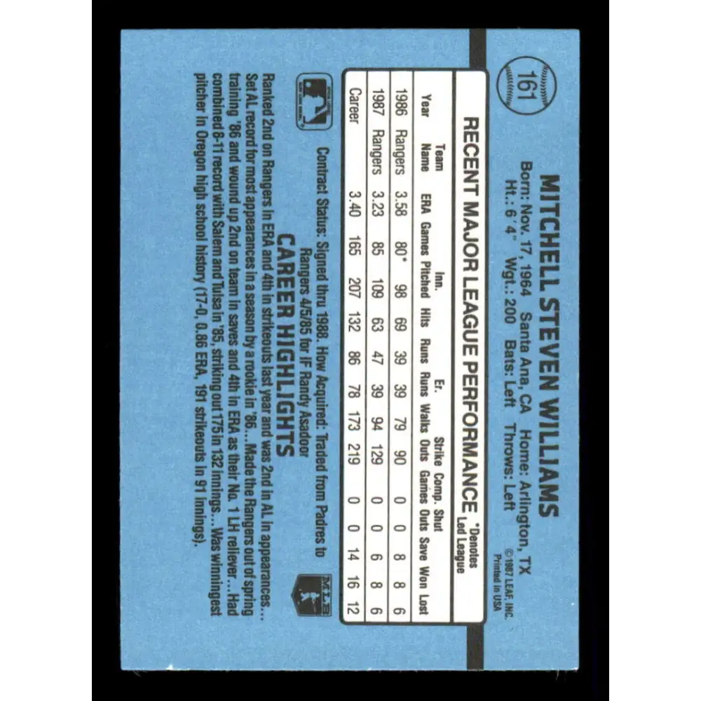 1988 Donruss #161 Mitch Williams EX Texas Rangers Baseball Card Image 2