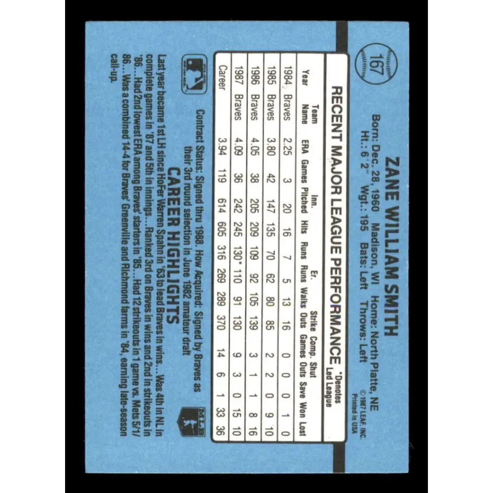 1988 Donruss #167 Zane Smith EX Atlanta Braves Baseball Card Image 2