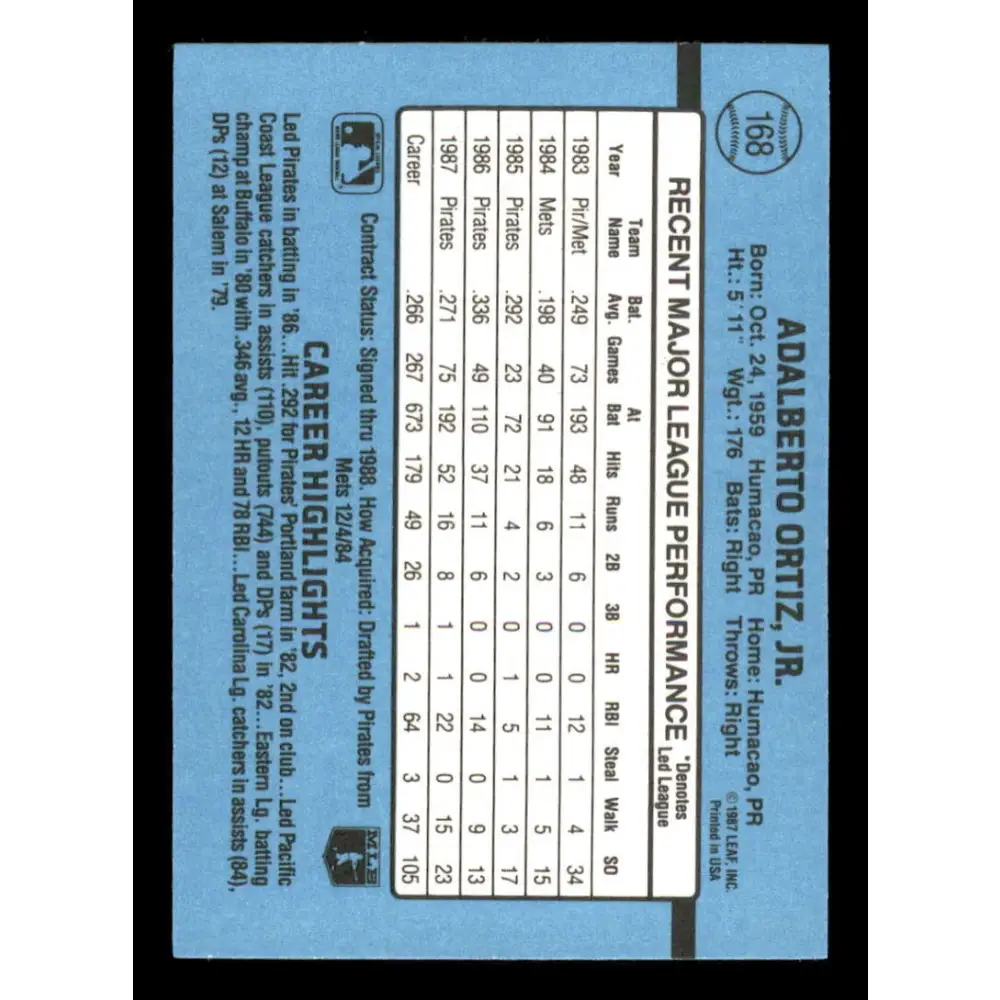 1988 Donruss #168 Junior Ortiz EX Pittsburgh Pirates Baseball Card Image 2