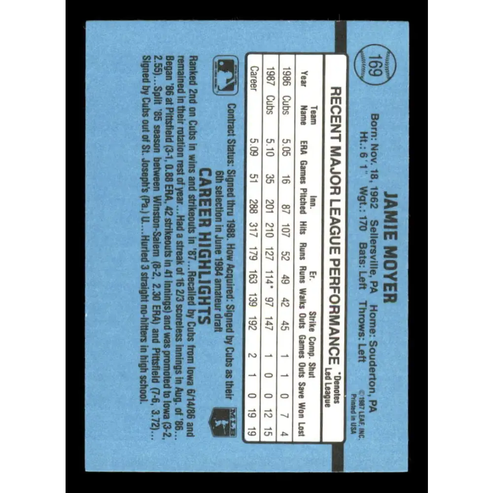 1988 Donruss #169 Jamie Moyer EX Chicago Cubs Baseball Card Image 2