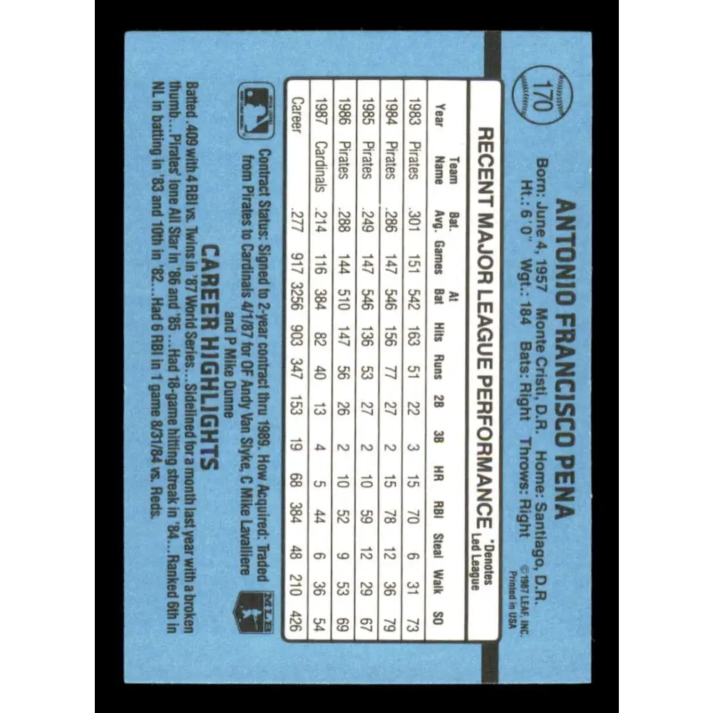 1988 Donruss #170 Tony Pena EX St. Louis Cardinals Baseball Card Image 2