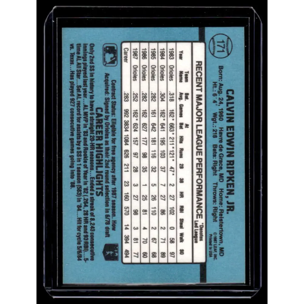 1988 Donruss #171 Cal Ripken Baltimore Orioles NM-MT Baseball Card Image 2