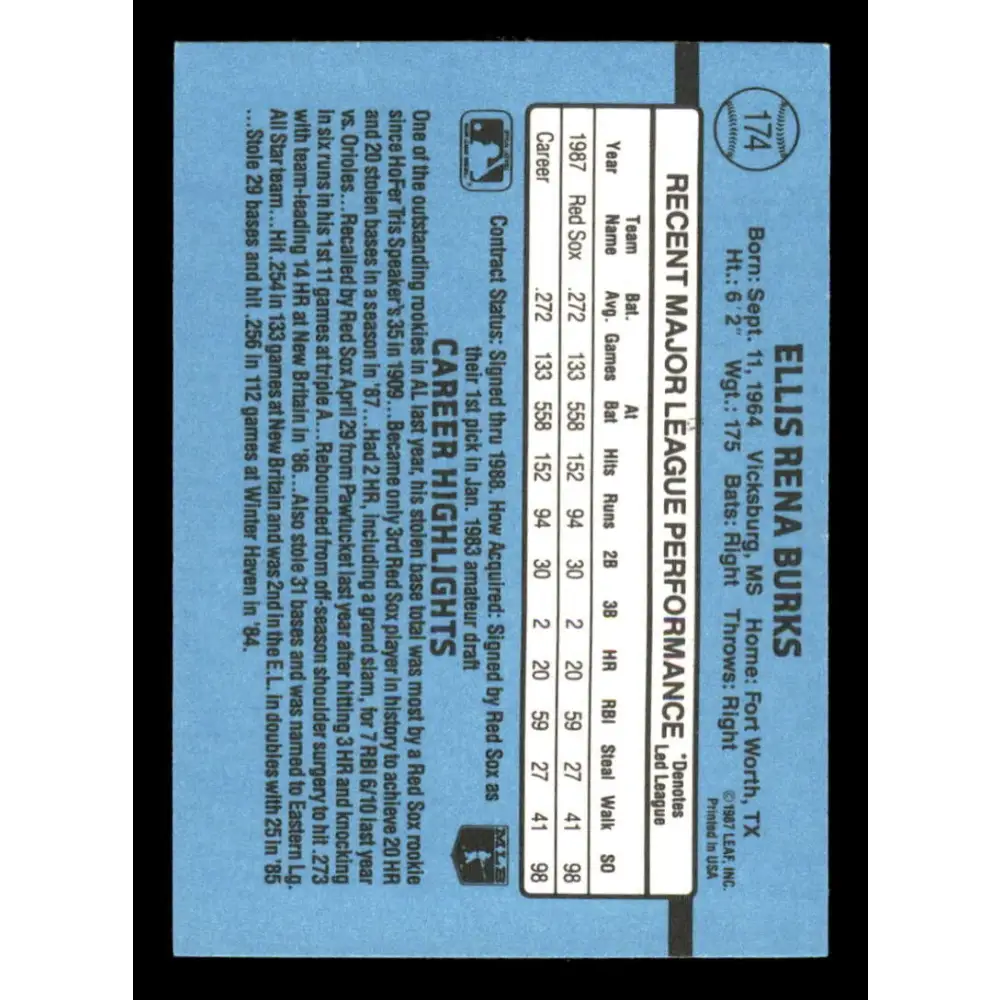 1988 Donruss #174 Ellis Burks EX RC Rookie Boston Red Sox Baseball Card Image 2