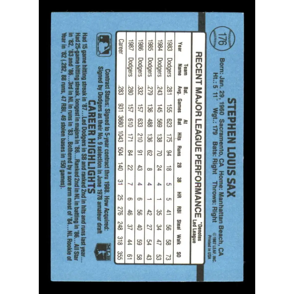 1988 Donruss #176 Steve Sax EX Los Angeles Dodgers Baseball Card Image 2