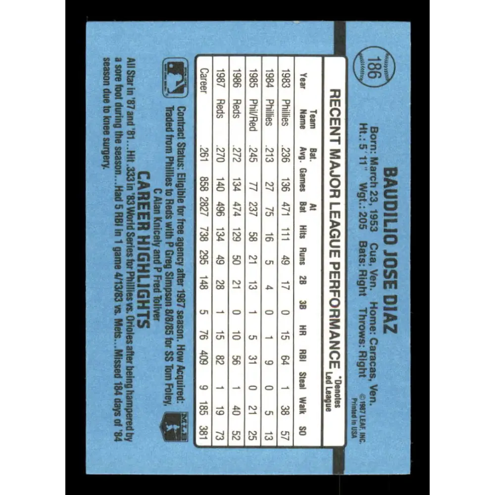 1988 Donruss #186 Bo Diaz EX Cincinnati Reds Baseball Card Image 2