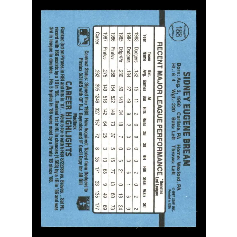 1988 Donruss #188 Sid Bream EX Pittsburgh Pirates Baseball Card Image 2