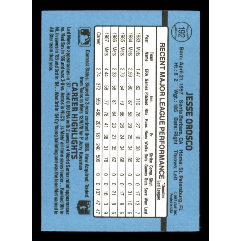 1988 Donruss #192 Jesse Orosco EX New York Mets Baseball Card Image 2