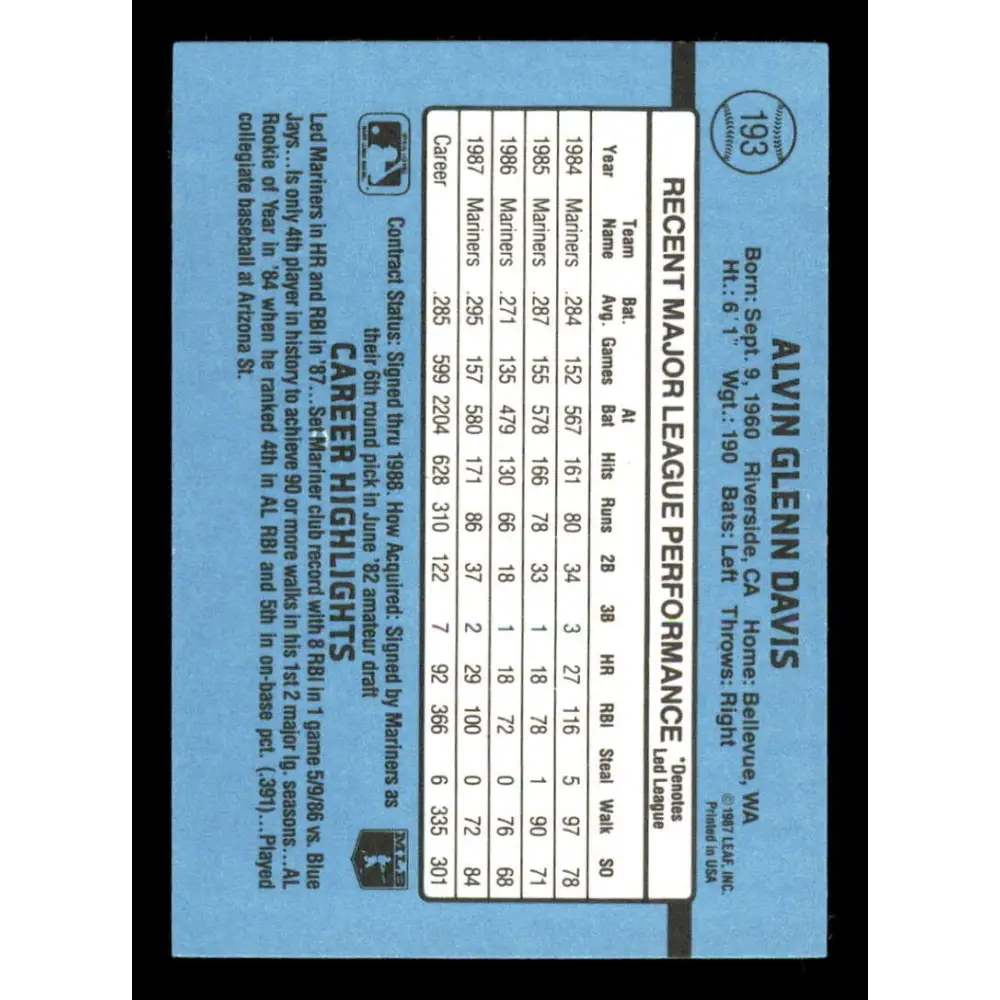 1988 Donruss #193 Alvin Davis EX Seattle Mariners Baseball Card Image 2