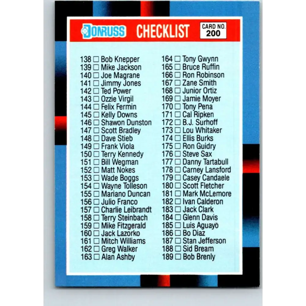 1988 Donruss #200a Checklist 138-247 EX Baseball Card Image 1