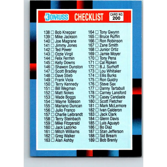 1988 Donruss #200a Checklist 138-247 EX Baseball Card Image 1