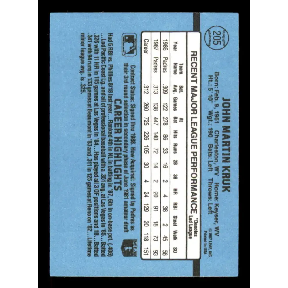 1988 Donruss #205 John Kruk EX San Diego Padres Baseball Card Image 2