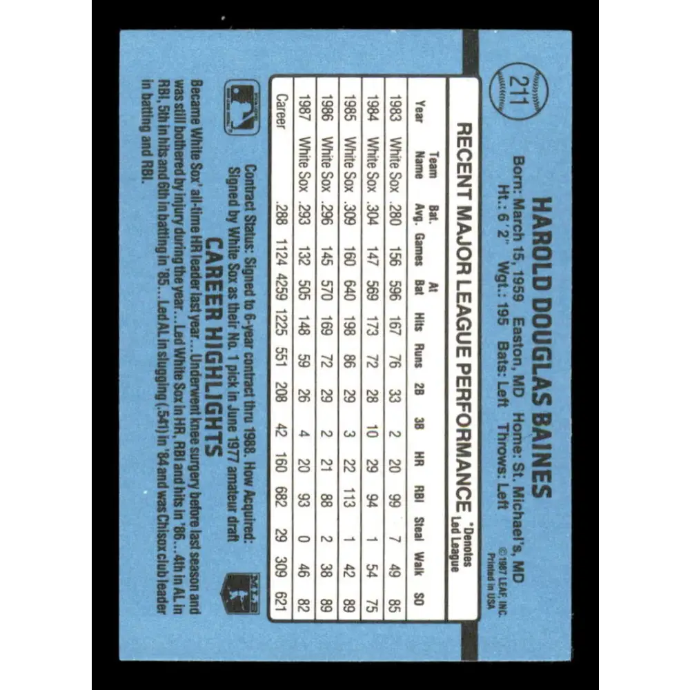 1988 Donruss #211 Harold Baines EX Chicago White Sox Baseball Card Image 2
