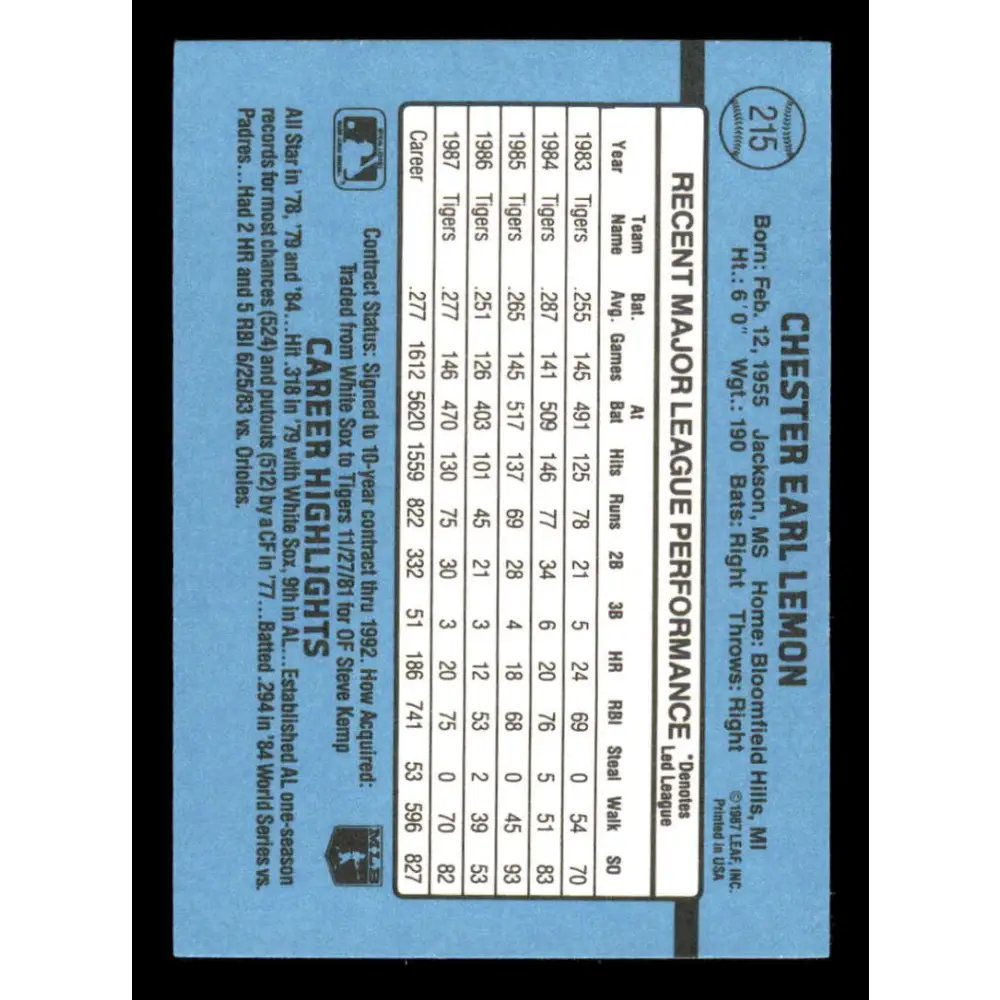 1988 Donruss #215 Chet Lemon EX Detroit Tigers Baseball Card Image 2