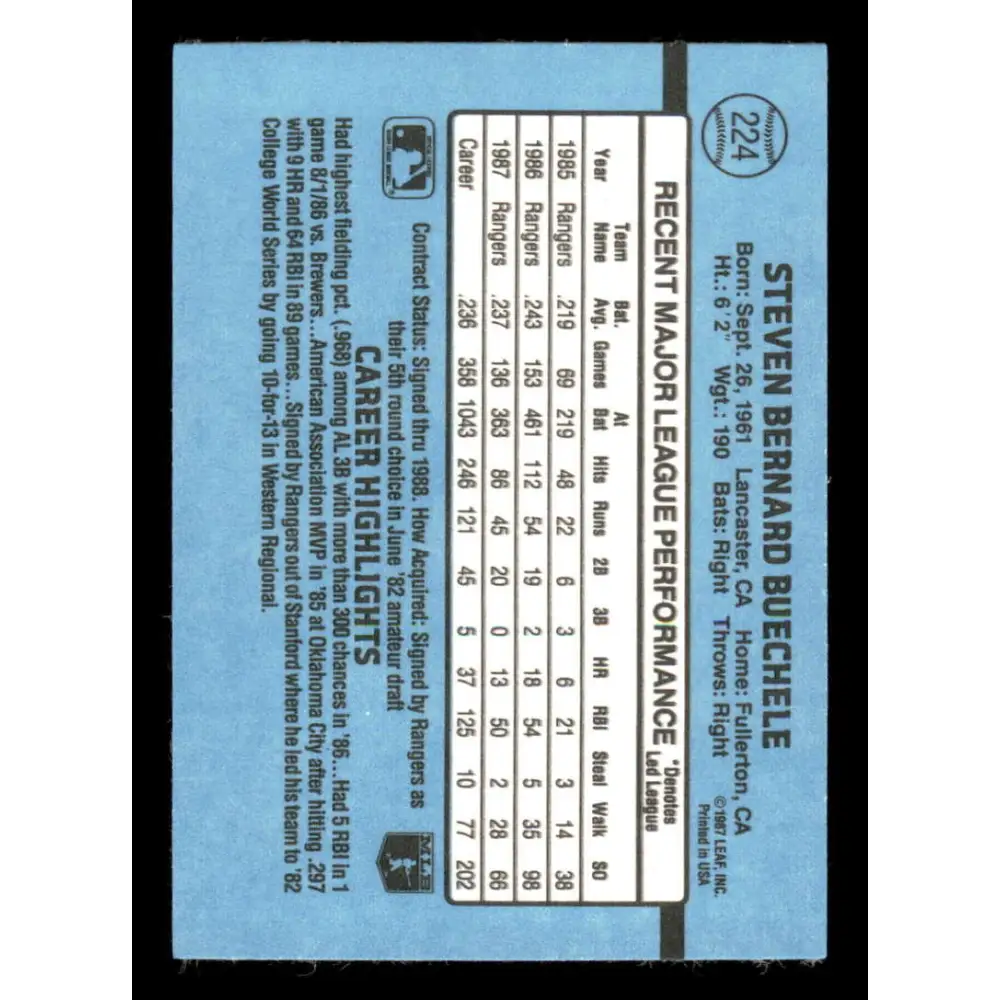 1988 Donruss #224 Steve Buechele EX Texas Rangers Baseball Card Image 2